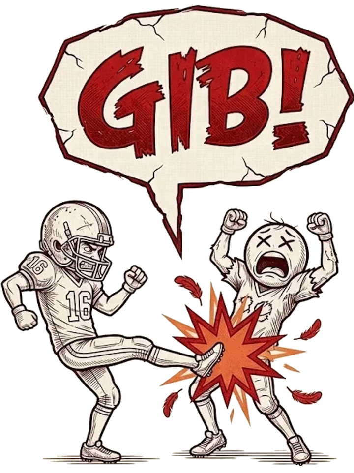 gibkick logo — football helmet kicker delivering a punishment kick to a beaten last-place opponent