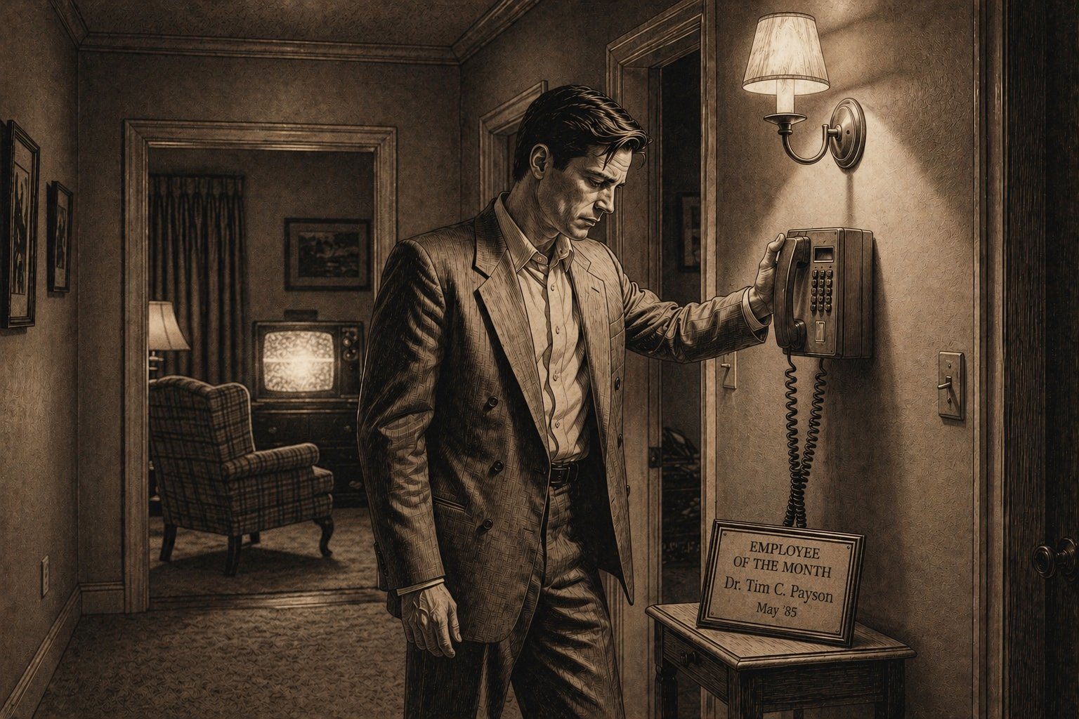 A man in a soft-shouldered sport coat stands in a 1985 suburban hallway, head bowed, hand resting on a beige push-button wall phone.