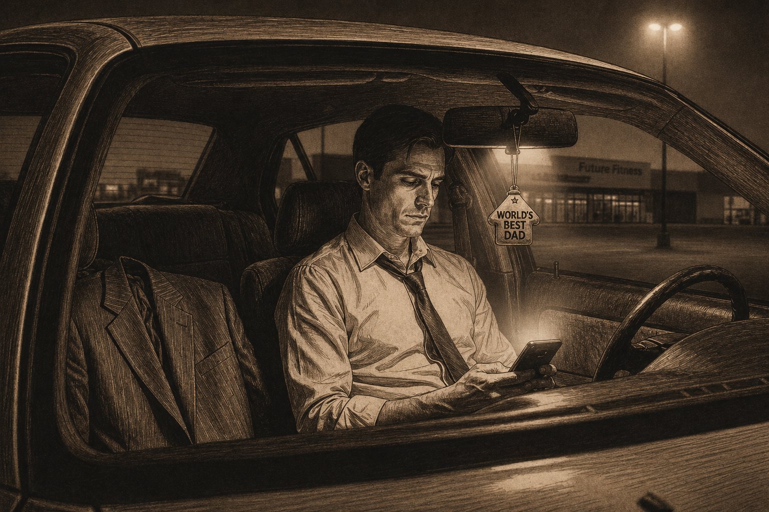 A man sits in his sedan in an empty big-box-store parking lot at night, lit by a sodium-vapor lamp, holding a phone, with a World's Best Dad trinket hanging from the rearview mirror.