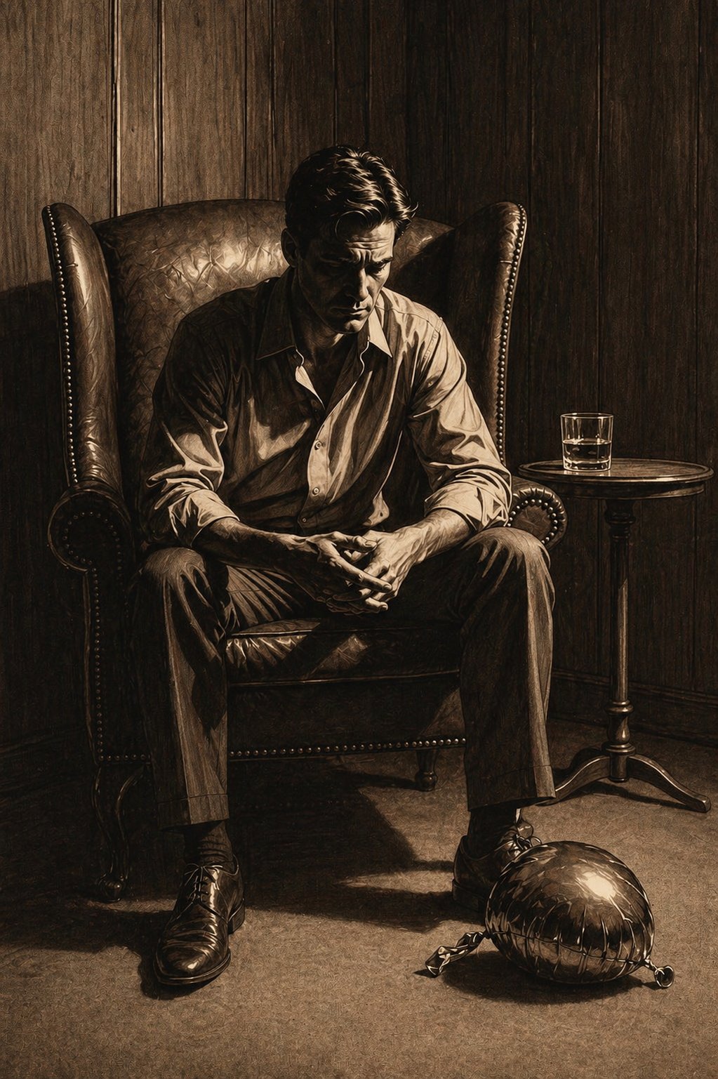 A lean man in a leather wingback chair, head bowed, with a deflated party balloon on the floor near his foot.
